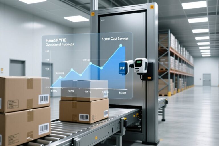 RFID tag total cost of ownership 5-year calculation model concept with cost analysis graph overlay