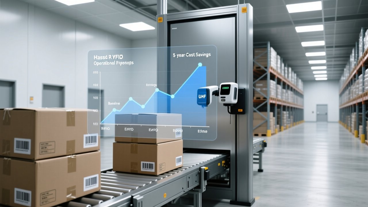 RFID tag total cost of ownership 5-year calculation model concept with cost analysis graph overlay