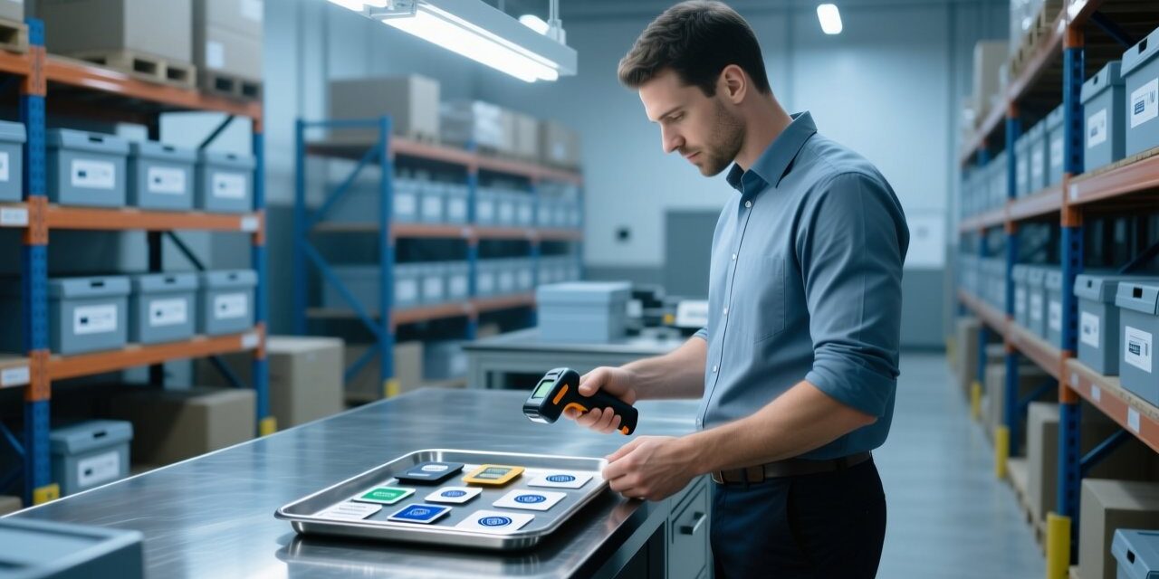 blog-cover-1784527028898 Procurement manager inspecting RFID tag samples on a metal table with handheld scanner in modern warehouse