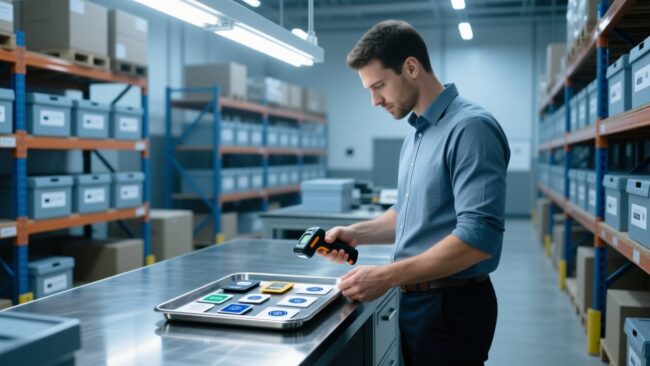 blog-cover-1784527028898 Procurement manager inspecting RFID tag samples on a metal table with handheld scanner in modern warehouse