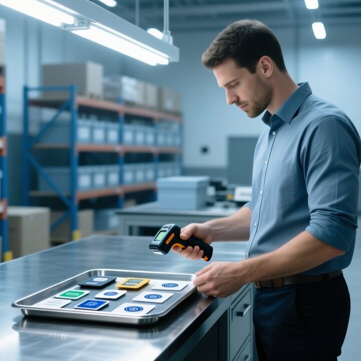Procurement manager inspecting RFID tag samples on a metal table with handheld scanner in modern warehouse
