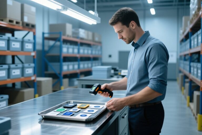 Procurement manager inspecting RFID tag samples on a metal table with handheld scanner in modern warehouse