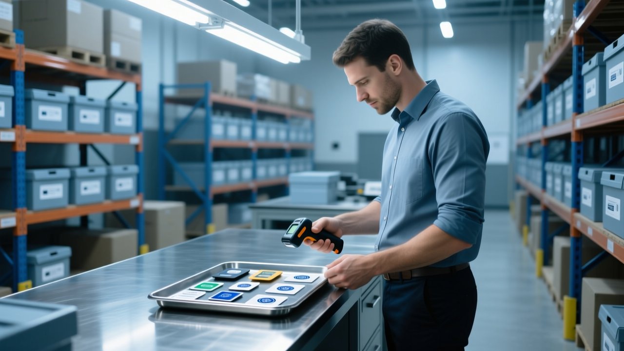 Procurement manager inspecting RFID tag samples on a metal table with handheld scanner in modern warehouse