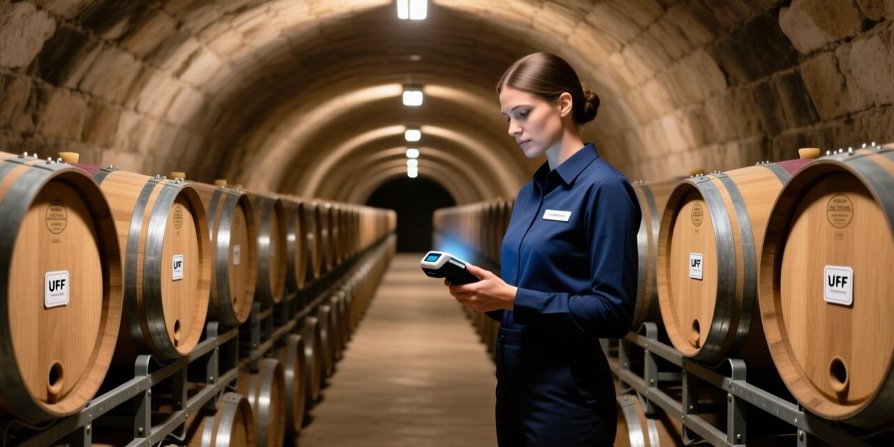 UHF RFID on-metal barrel tag being scanned in a wine cellar