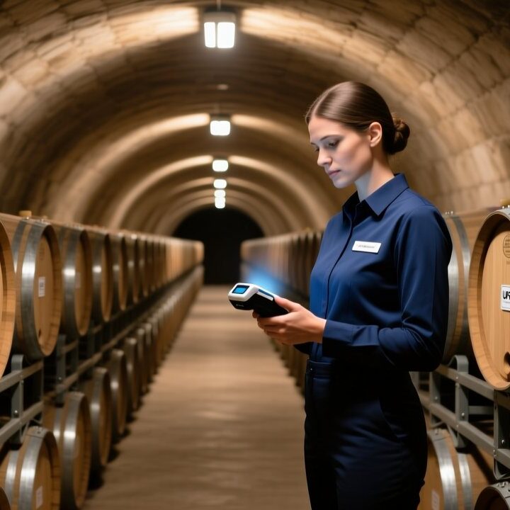 UHF RFID on-metal barrel tag being scanned in a wine cellar