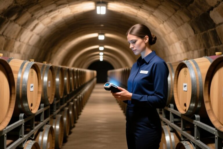 UHF RFID on-metal barrel tag being scanned in a wine cellar