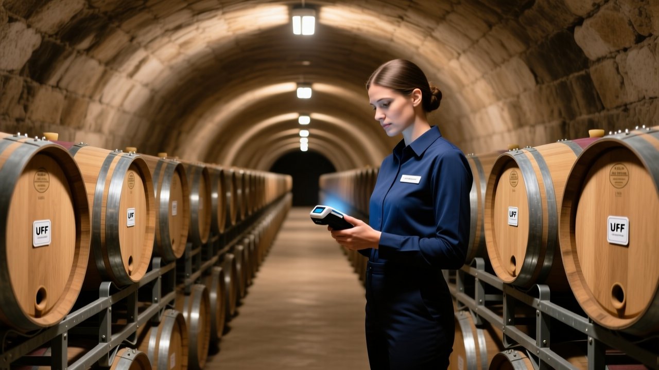 UHF RFID on-metal barrel tag being scanned in a wine cellar