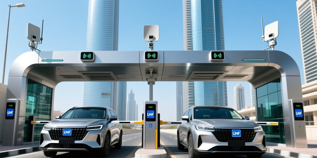 blog-cover-1784527034341 Smart parking system in Dubai with UHF windshield tags on vehicles and RFID readers at entrance gates, modern city skyline in background