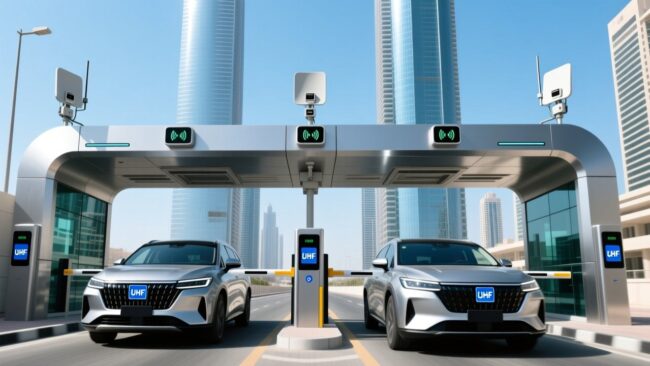 Smart parking system in Dubai with UHF windshield tags on vehicles and RFID readers at entrance gates, modern city skyline in background
