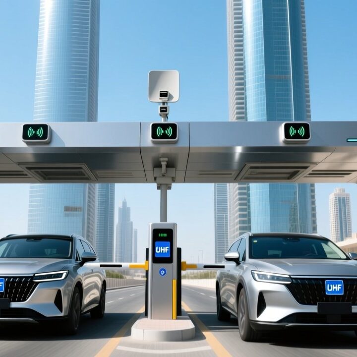 Smart parking system in Dubai with UHF windshield tags on vehicles and RFID readers at entrance gates, modern city skyline in background