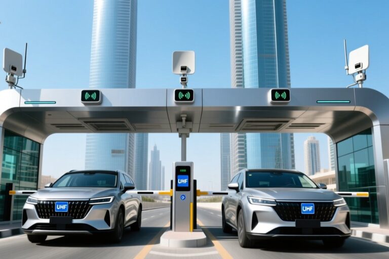 Smart parking system in Dubai with UHF windshield tags on vehicles and RFID readers at entrance gates, modern city skyline in background