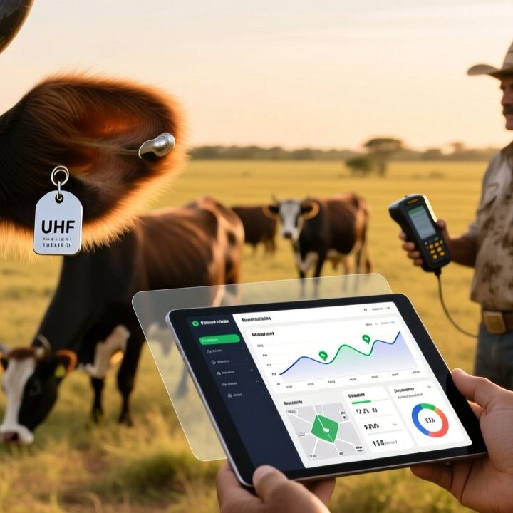 Brazilian cattle with UHF RFID ear tag and rancher holding handheld RFID scanner in Mato Grosso pasture