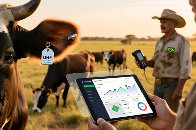 Brazilian cattle with UHF RFID ear tag and rancher holding handheld RFID scanner in Mato Grosso pasture