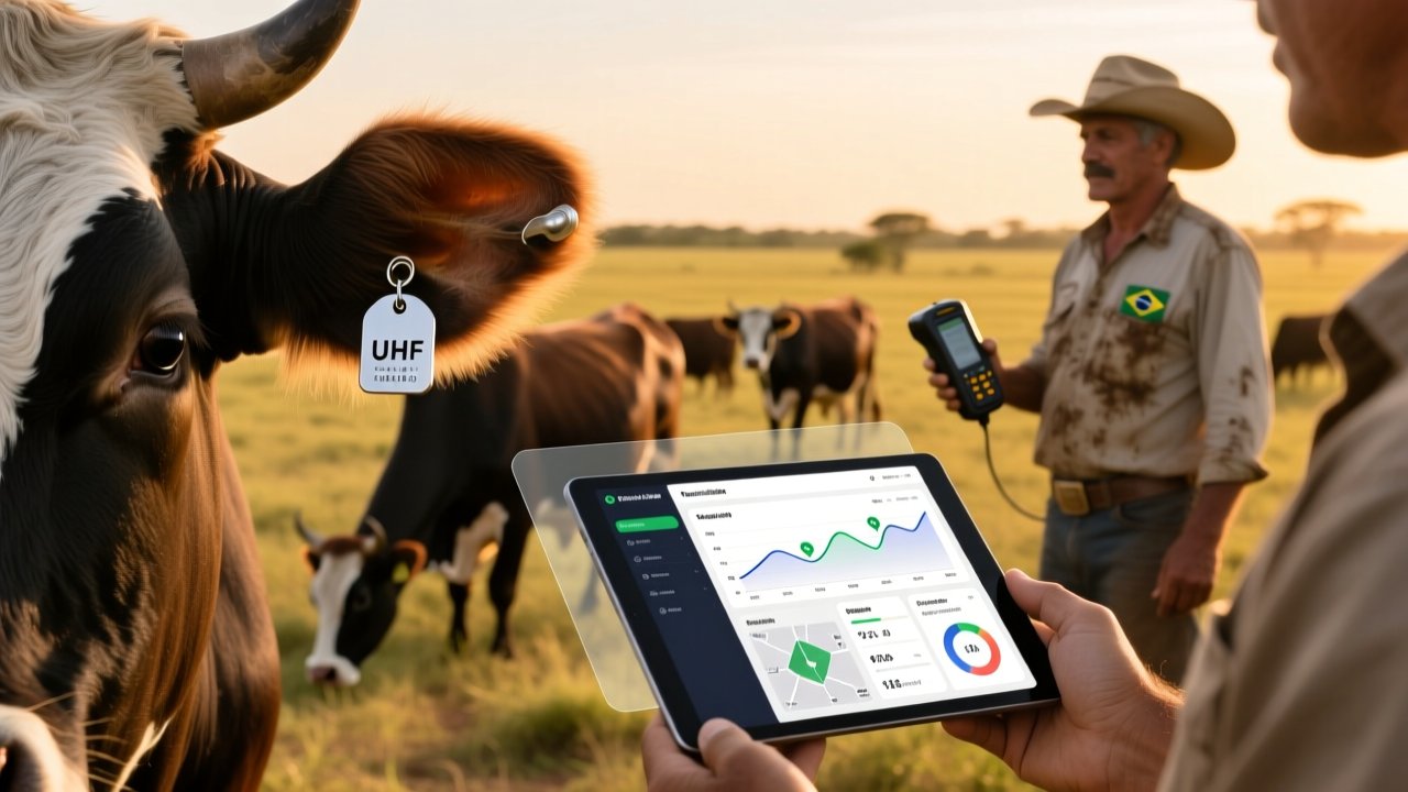 Brazilian cattle with UHF RFID ear tag and rancher holding handheld RFID scanner in Mato Grosso pasture