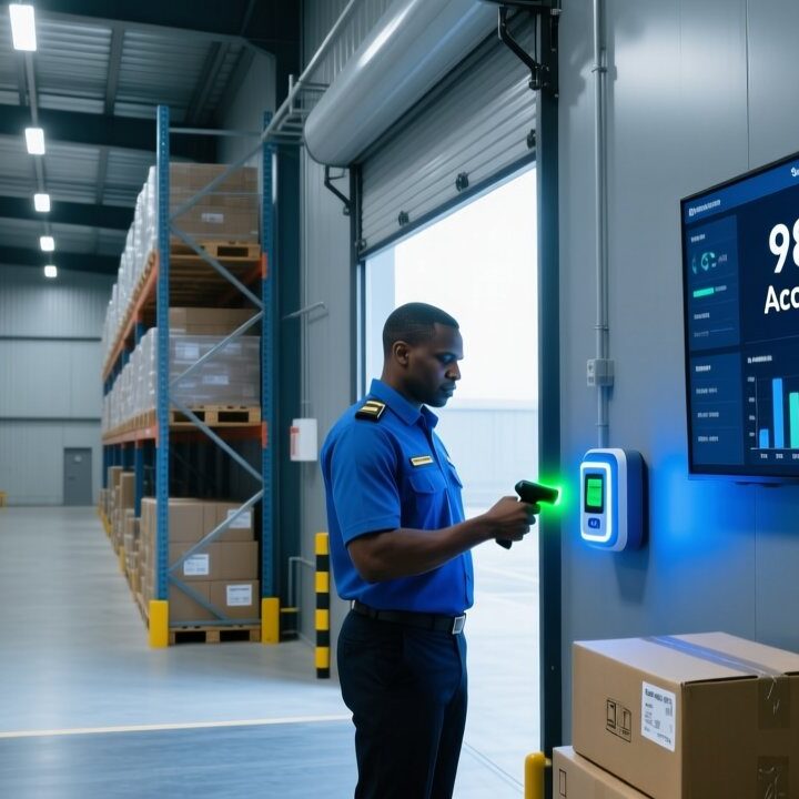 South African warehouse manager using handheld RFID reader to scan pallets for inventory accuracy