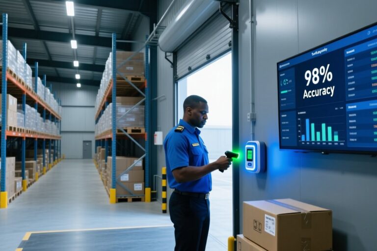 South African warehouse manager using handheld RFID reader to scan pallets for inventory accuracy