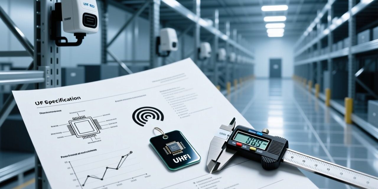 RFID tag specification sheet with technical diagrams and a UHF tag, modern warehouse background