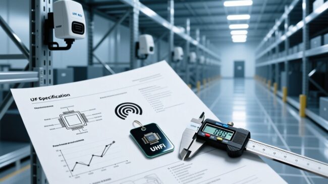 blog-cover-1784527057376 RFID tag specification sheet with technical diagrams and a UHF tag, modern warehouse background
