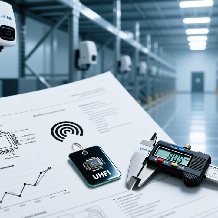 RFID tag specification sheet with technical diagrams and a UHF tag, modern warehouse background
