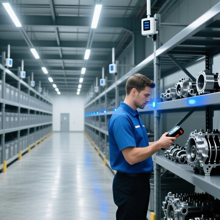 UHF RFID handheld scanner scanning automotive parts in a German supplier warehouse