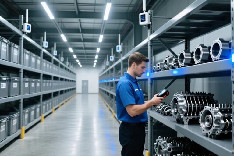 UHF RFID handheld scanner scanning automotive parts in a German supplier warehouse