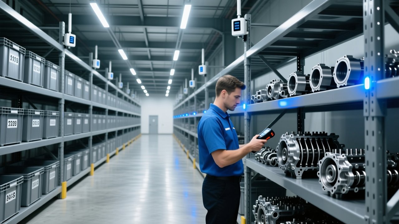 UHF RFID handheld scanner scanning automotive parts in a German supplier warehouse