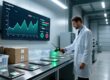 RFID tag sample testing in a modern warehouse with handheld scanner and quality verification equipment