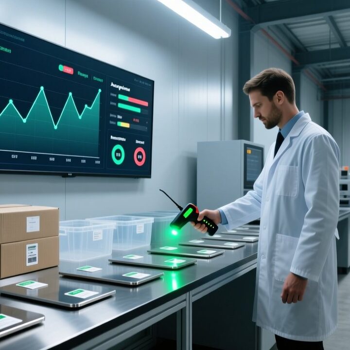RFID tag sample testing in a modern warehouse with handheld scanner and quality verification equipment