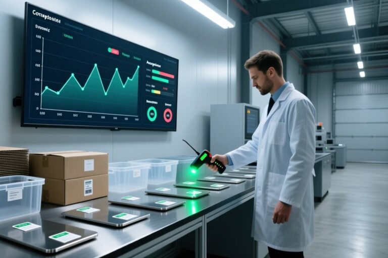 RFID tag sample testing in a modern warehouse with handheld scanner and quality verification equipment