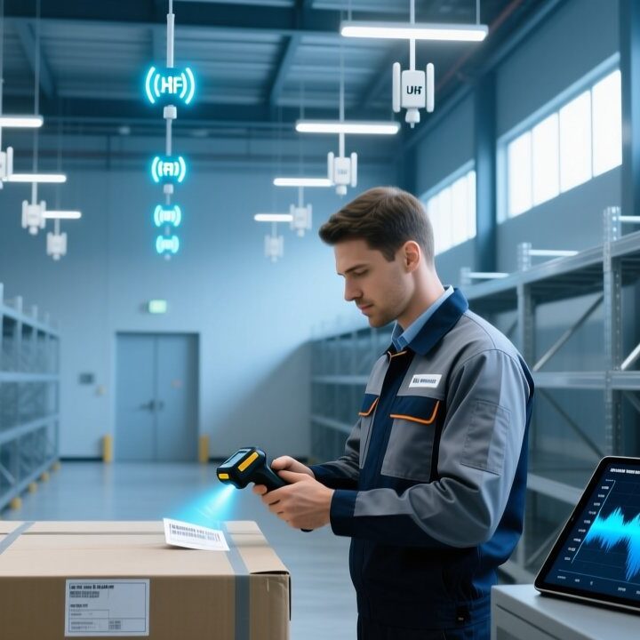 RFID site survey with handheld scanner and heatmap on tablet in a warehouse
