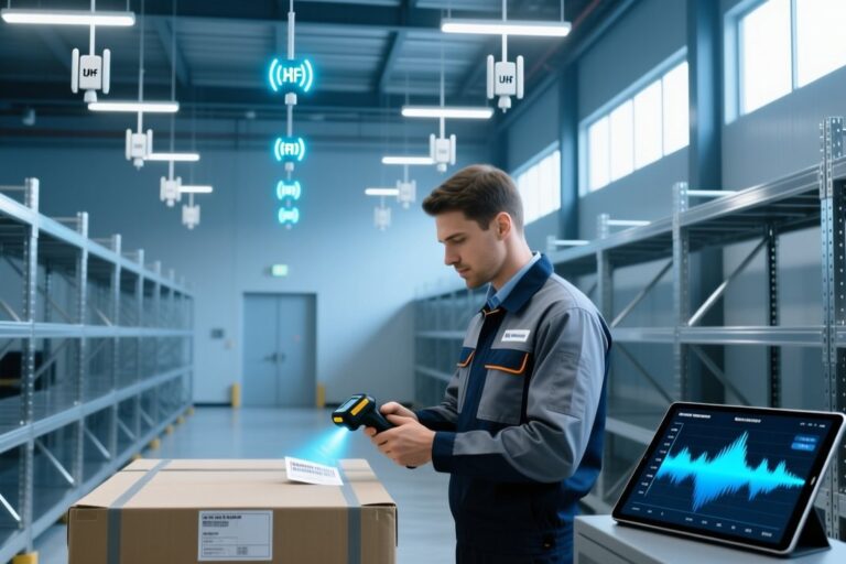 RFID site survey with handheld scanner and heatmap on tablet in a warehouse