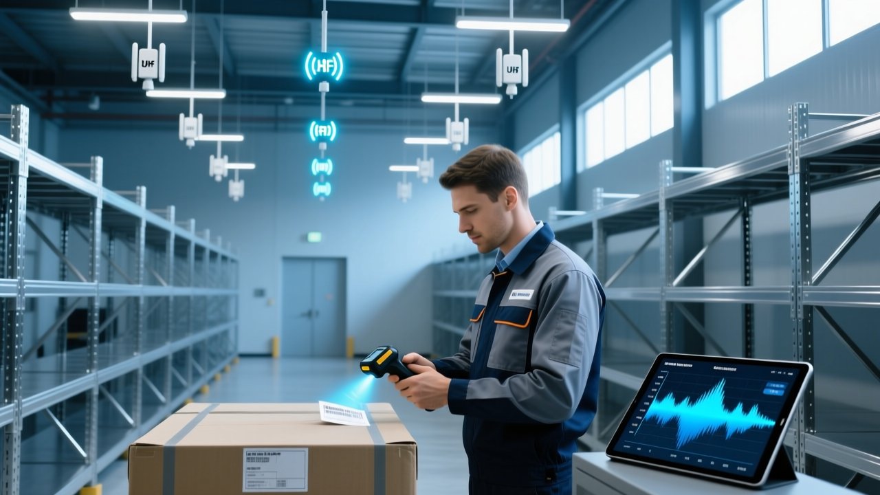 RFID site survey with handheld scanner and heatmap on tablet in a warehouse