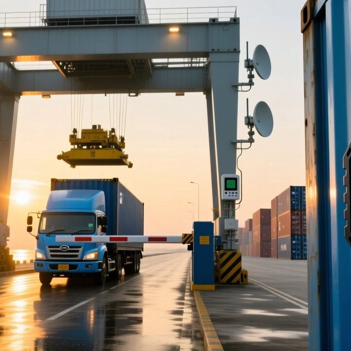 Indonesian port container gate with RFID reader and antenna scanning a truck