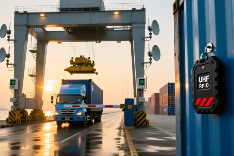 Indonesian port container gate with RFID reader and antenna scanning a truck