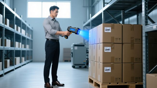 blog-cover-1784527233645 Engineer testing UHF RFID tag read range with handheld scanner in warehouse