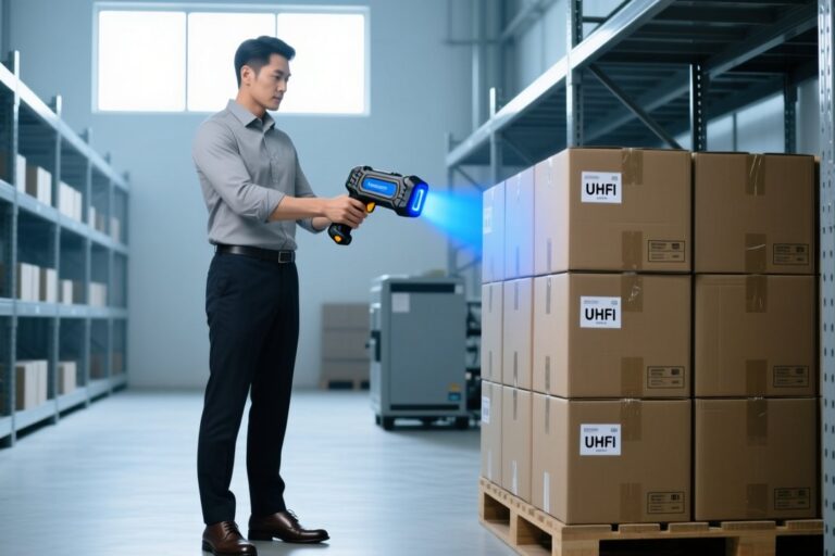 Engineer testing UHF RFID tag read range with handheld scanner in warehouse