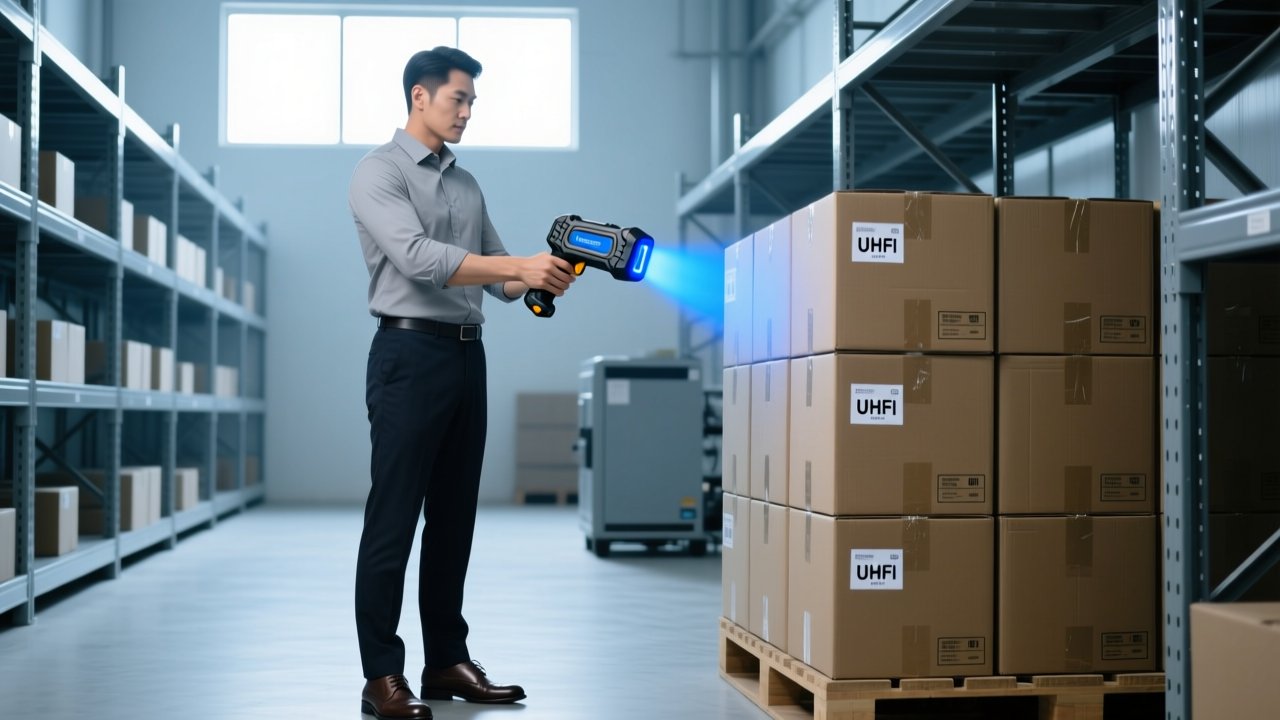 Engineer testing UHF RFID tag read range with handheld scanner in warehouse