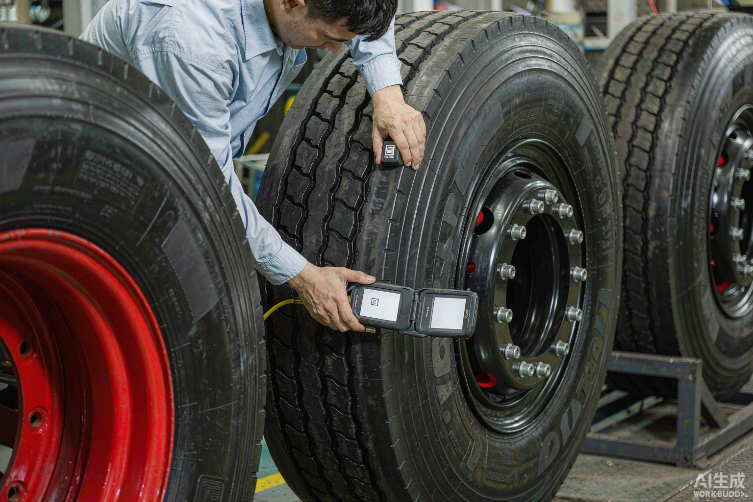 Engineer scanning a truck tire sidewall with a handheld RFID reader