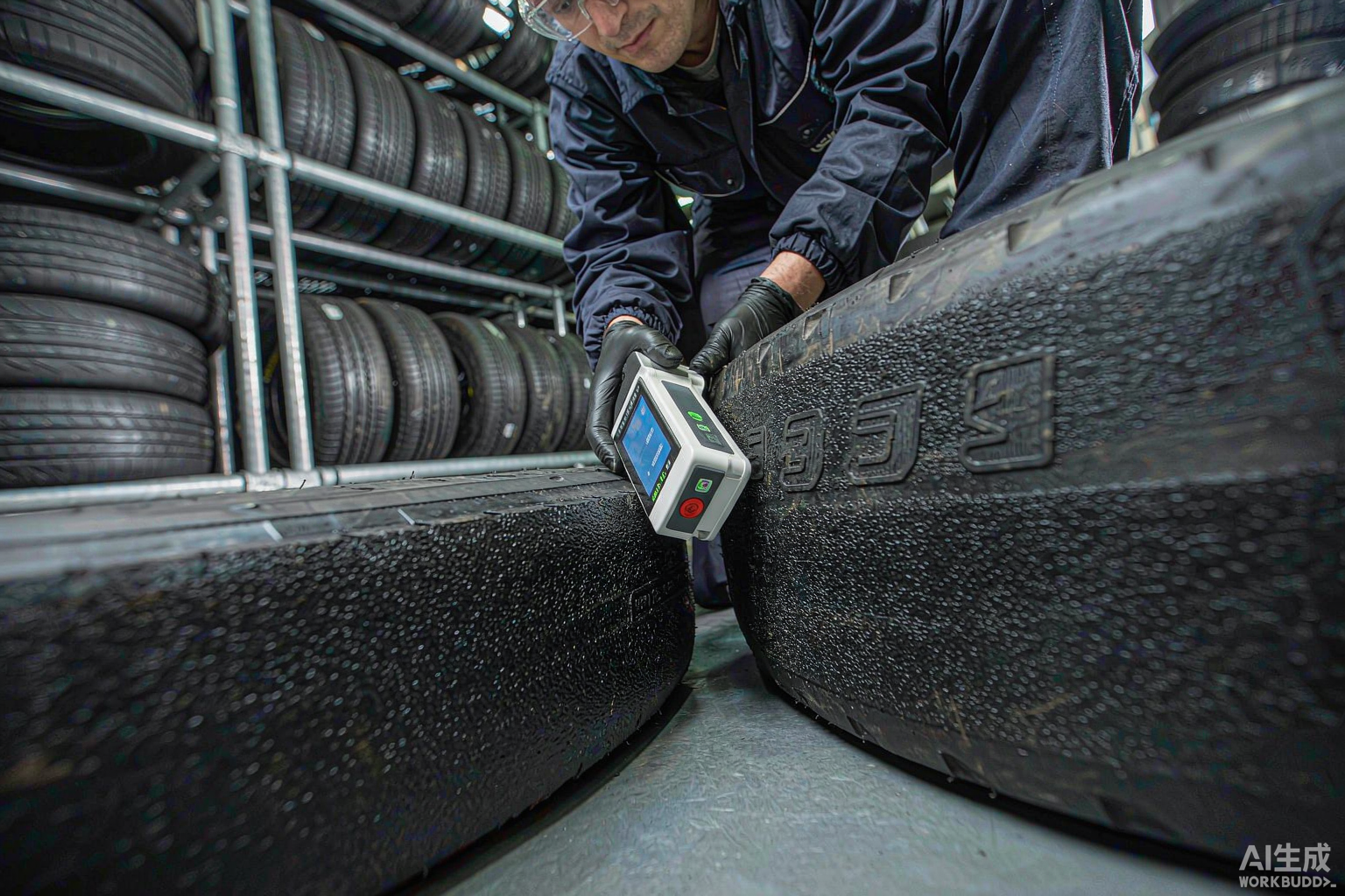 Engineer scanning an embedded RFID tag on a truck tire sidewall with a handheld UHF reader