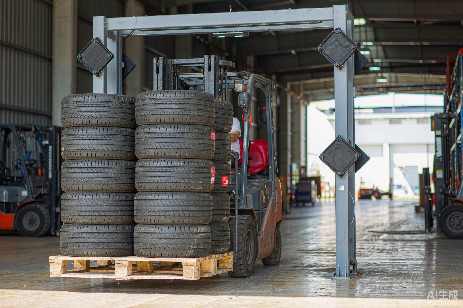 Warehouse RFID portal gate scanning a pallet of tires on a forklift