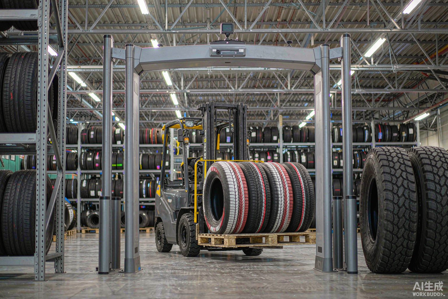 RFID portal gate scanning a forklift of stacked tires in a distribution warehouse