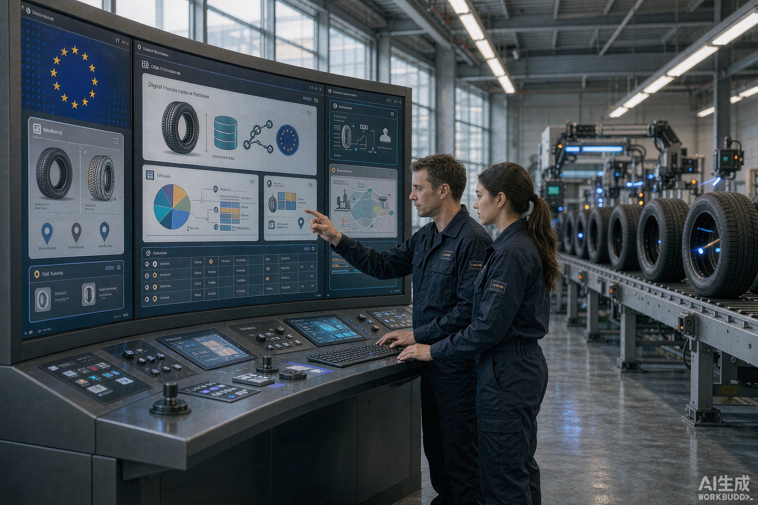 Tire manufacturing control room viewing the EU DPP registry dashboard for RFID tires
