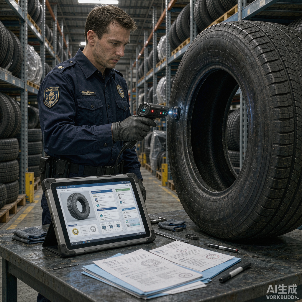 Customs officer scanning truck tire with handheld RFID reader for DPP check