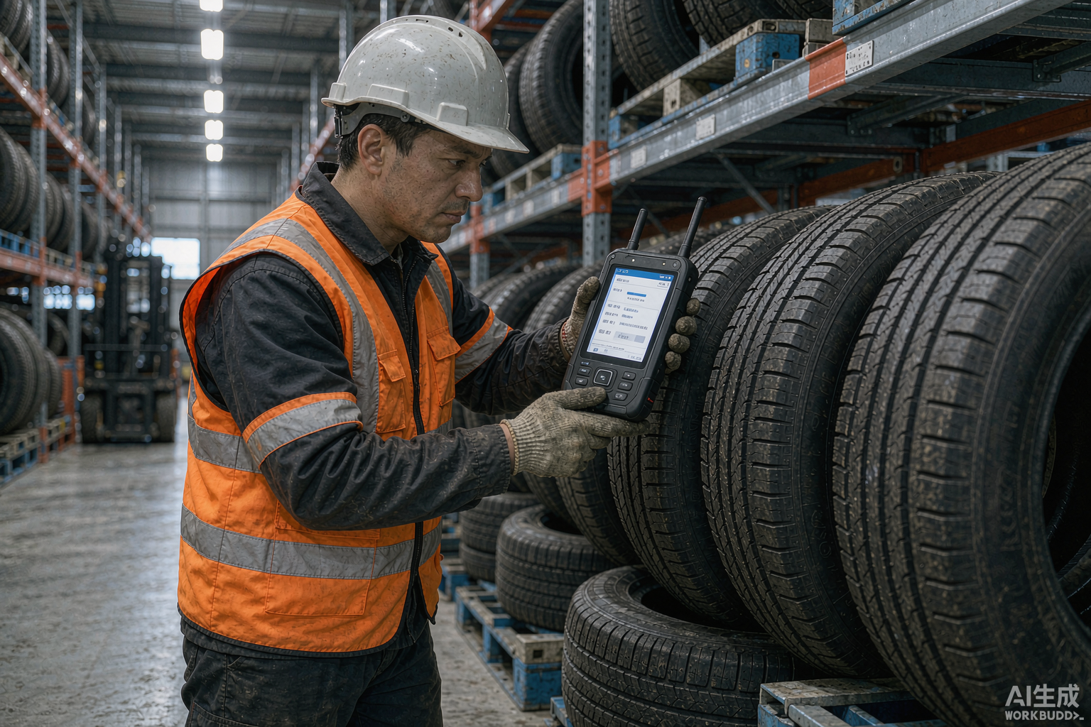 Warehouse technician scanning a tire sidewall with a handheld UHF RFID reader linked to the registry