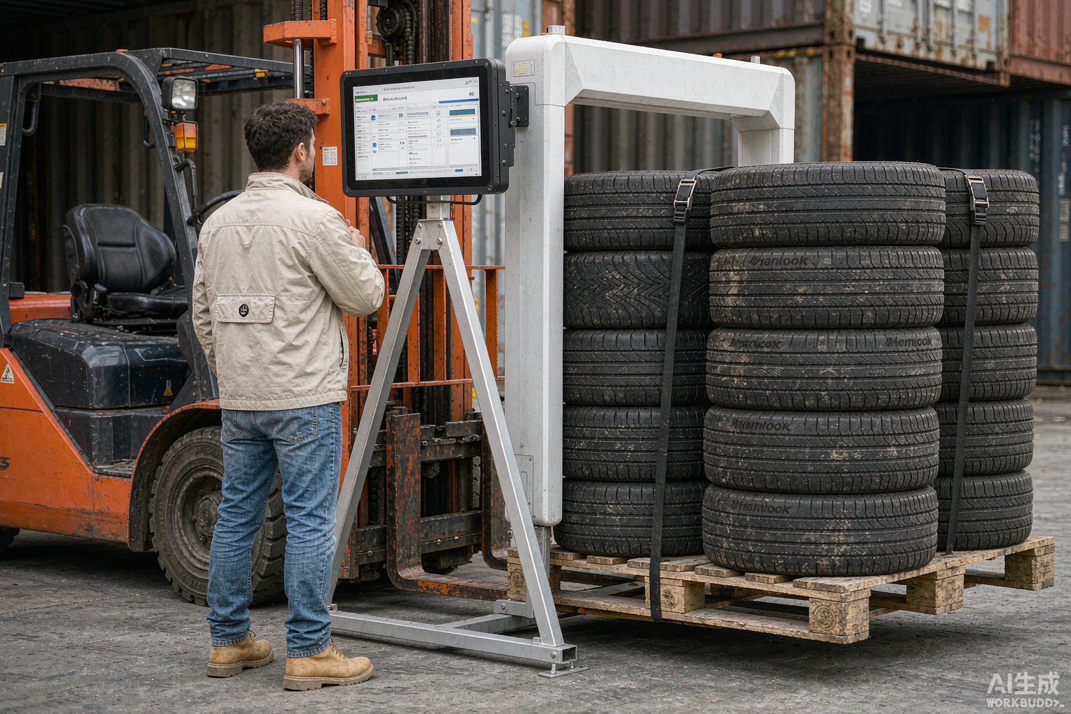 Logistics RFID portal gate at a shipping dock resolving tire identities against the EU DPP registry